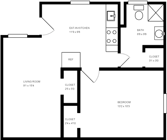 A floor plan of a house with a living room, bedroom, and bathroom.