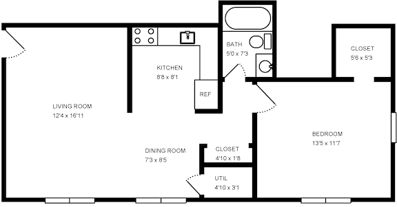 A floor plan of a house with a living room, dining room, kitchen, bedroom, and bathroom.