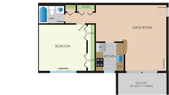 A floor plan of a house with a bedroom, living room, and kitchen.