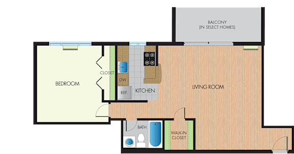 A floor plan of a home layout with a bedroom, living room, kitchen, and bathroom.