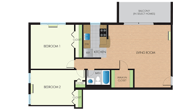 A floor plan of a home with two bedrooms, a living room, a kitchen, a bathroom, and a walk-in closet.