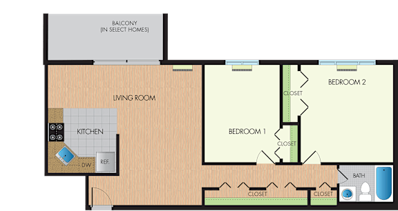 A floor plan of a home with a living room, kitchen, two bedrooms, and a bathroom.