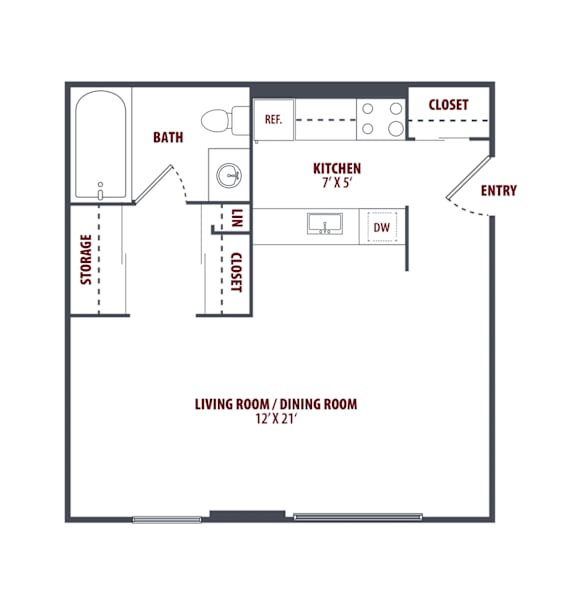 A floor plan of a small apartment with a living room, dining room, kitchen, and bathroom.
