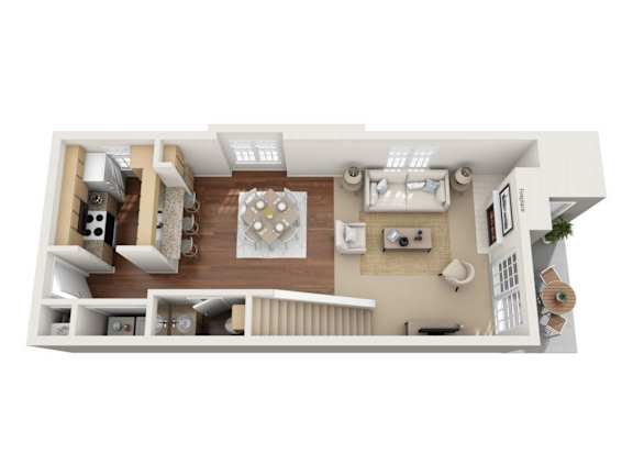 A top-down view of a modern apartment layout with a kitchen, living room, and dining area.