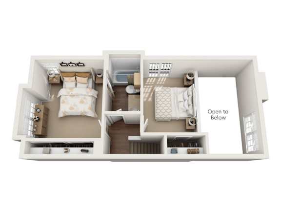 A white floor plan of a room with a bed, a couch, a table, and a bathtub.
