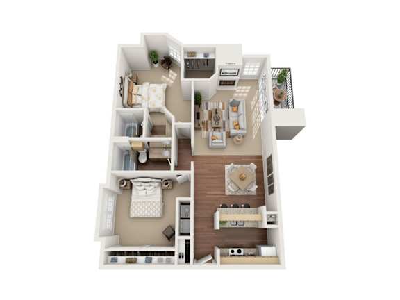 A 3D floor plan of a house with a kitchen, living room, and bedrooms.