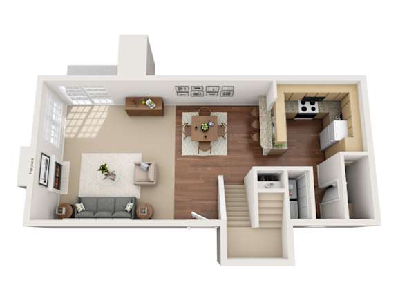 A 3D floor plan of a house with a living room, kitchen, and bathroom.