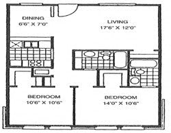 A black and white image of a floor plan for a small apartment.