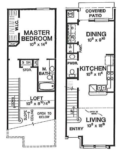 Floor Plan  A floor plan of a house with a master bedroom, a living room, a kitchen, a dining room, and a covered patio.