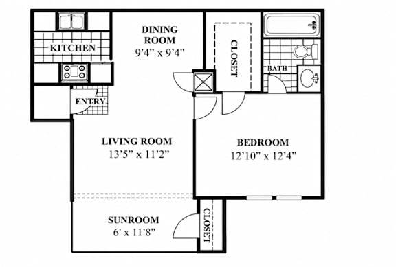 A black and white image of a floor plan for a small apartment.