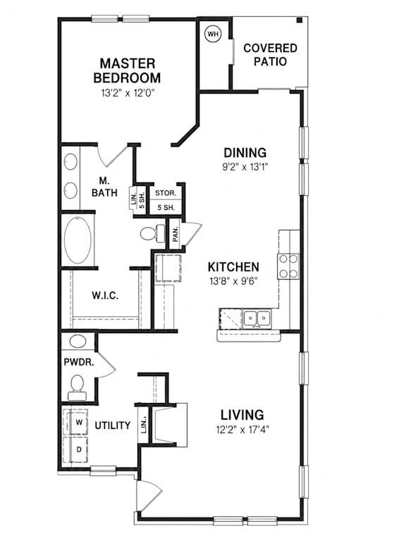 A floor plan of a house with a master bedroom, dining room, living room, kitchen, and bathroom.