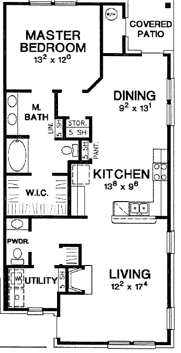 A floor plan of a house with a master bedroom, a dining area, a kitchen, a living room, and a covered patio.