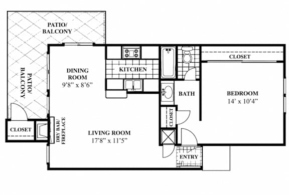 A floor plan of a house with a living room, dining room, kitchen, bath, bedroom, and closets.