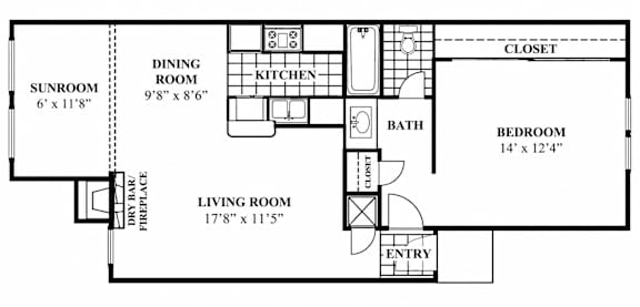 A floor plan of a small apartment with a living room, dining room, kitchen, bath, and bedroom.