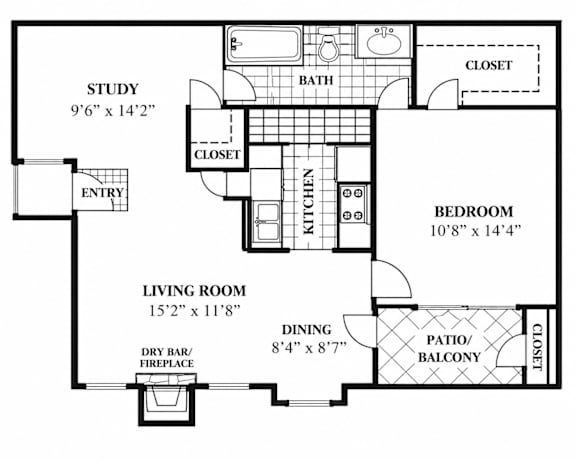 A floor plan of a home with a living room, dining room, kitchen, study, bedroom, bathroom, and closet.