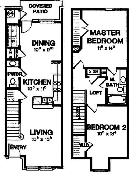 A floor plan of a house with a living room, two bedrooms, a kitchen, a dining room, a master bedroom, a bathroom, a loft, and a covered patio.