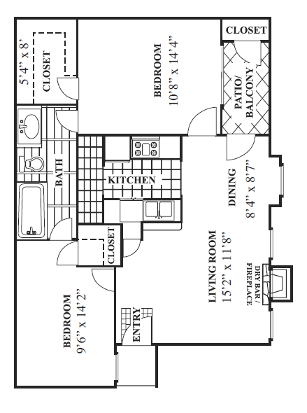 A floor plan of a house with a living room, dining room, kitchen, and two bedrooms.
