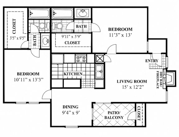 A floor plan of a house with a living room, two bedrooms, a kitchen, a bathroom, a closet, a fireplace, and a patio/balcony.