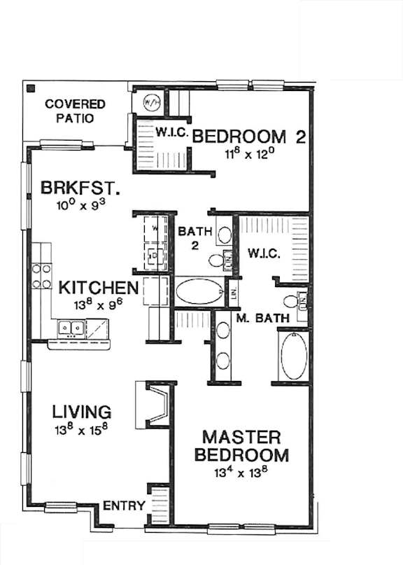 A floor plan of a house with a living area, kitchen, two bathrooms, and two bedrooms.