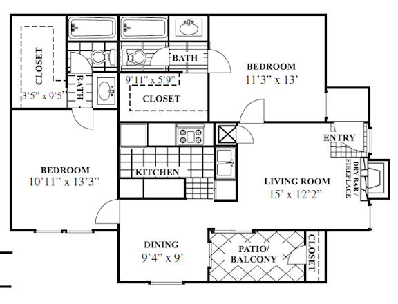 A floor plan of a house with a living room, two bedrooms, a kitchen, a bathroom, a dining area, and a patio/balcony.