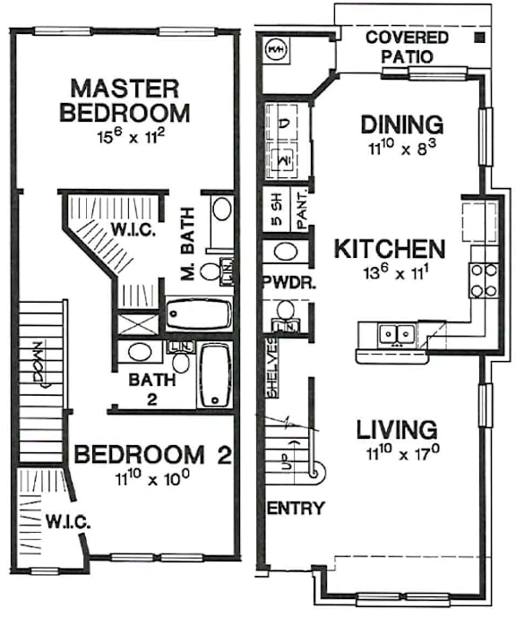 A floor plan of a house with a master bedroom, a dining area, a kitchen, and two bathrooms.