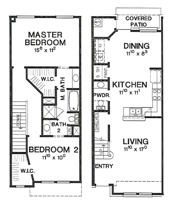 Floor Plan  A floor plan of a house with a master bedroom, a dining area, a kitchen, and a living room.