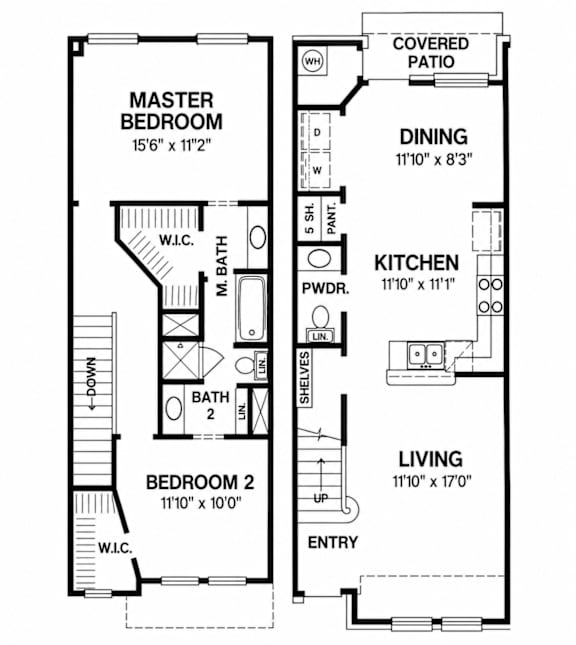 A black and white image of a house floor plan with a master bedroom, a dining area, a kitchen, a living room, and two bathrooms.