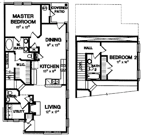 A floor plan of a house with a master bedroom, a dining area, a kitchen, a living room, and two bathrooms.