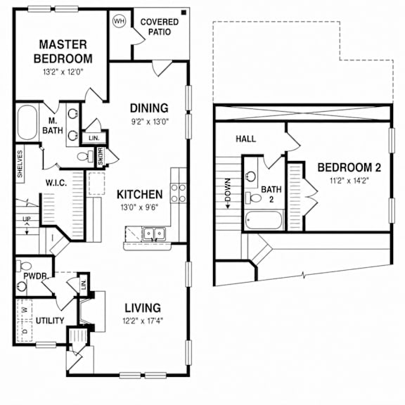A floor plan of a two bedroom apartment with a living room, kitchen, and bathroom.