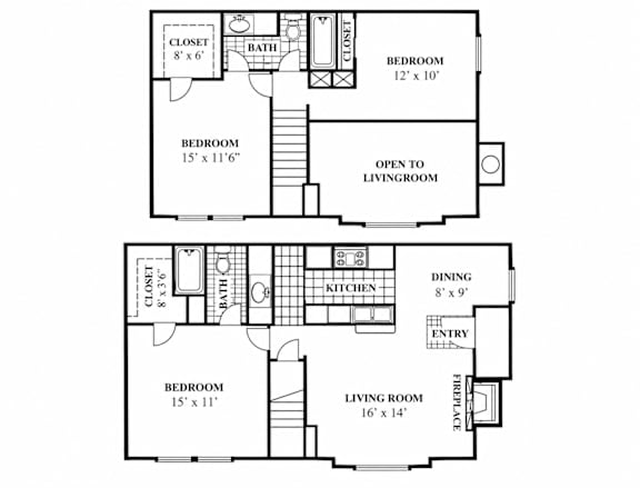 A floor plan of a two-story house with two bedrooms, a living room, a dining area, a kitchen, a bathroom, and a closet.