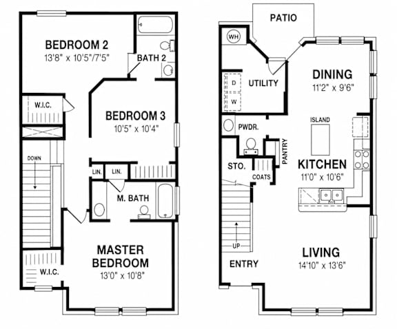 A floor plan of a two-bedroom apartment with a living room, kitchen, and bathrooms.