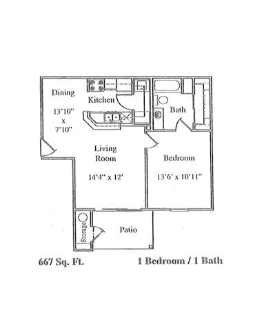 A floor plan of a one bedroom apartment with a living room, dining area, kitchen and bathroom.