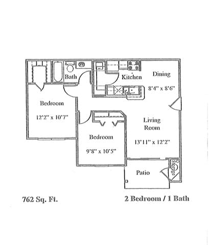 A drawing of a house layout with two bedrooms, a living room, a kitchen, a dining room, and a patio.