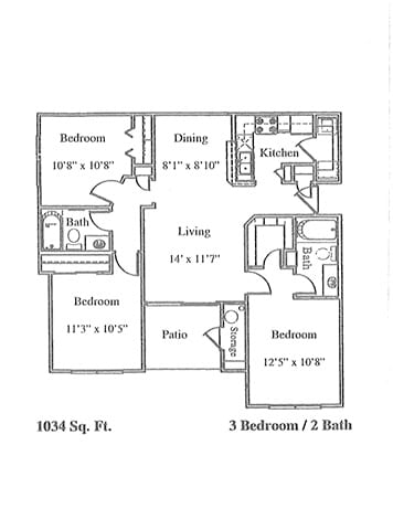 A drawing of a house layout with three bedrooms and two bathrooms.