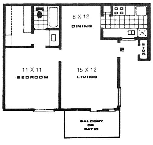 A floor plan of a house with a bedroom, living room, dining area, and a saloon or bar.