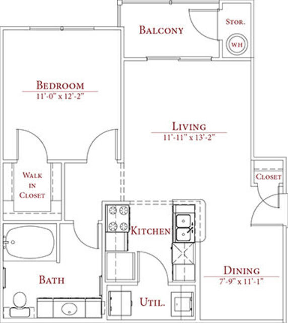 A floor plan of a small apartment with a bedroom, living room, kitchen, dining room, and bathroom.