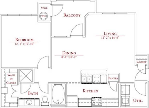 A floor plan of a house with a living room, dining room, kitchen, bathroom, and bedroom.