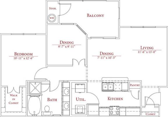 A floor plan of a house with a balcony, two dining areas, two living areas, two bedrooms, a bathroom, a kitchen, a pantry, a walk-in closet, and a utility space.