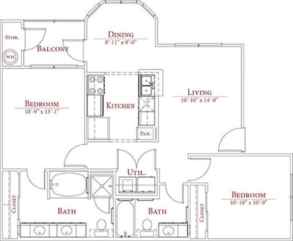 A floor plan of a house with a dining room, living room, kitchen, and two bedrooms.