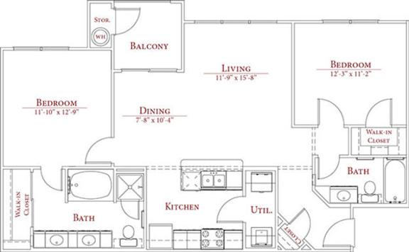 A floor plan of a house with a balcony, two bedrooms, a living room, a dining room, a kitchen, a bathroom, and a walk-in closet.