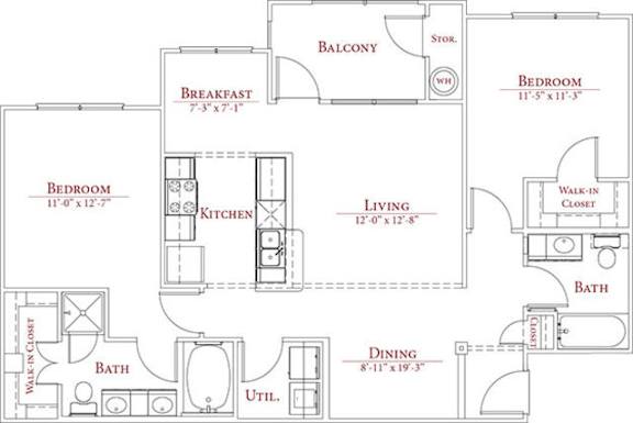 A floor plan of a house with a balcony, two bathrooms, a kitchen, a living room, a dining room, and two bedrooms.
