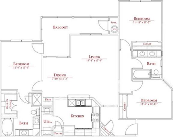 A floor plan of a house with three bedrooms, a living room, a dining room, a kitchen, a bath, a utility room, and a balcony.