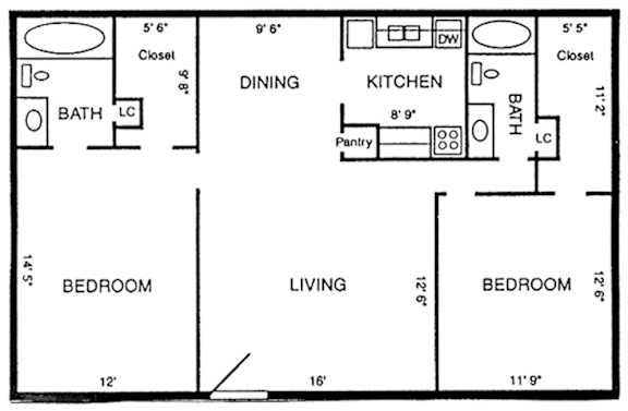 A black and white image of a floor plan for a small apartment.