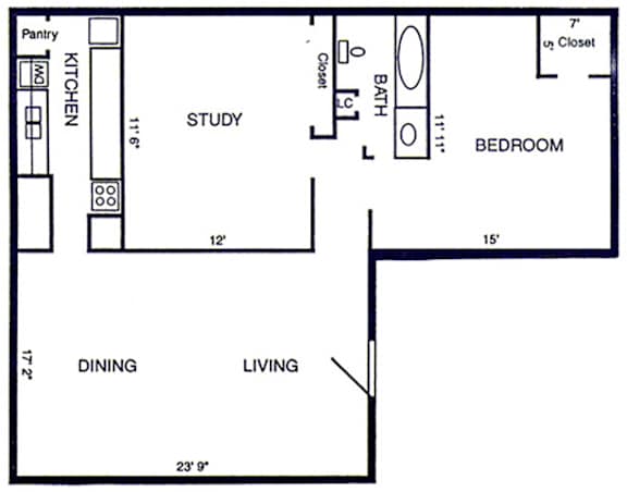 A floor plan of a small apartment with a kitchen, living room, and bedroom.