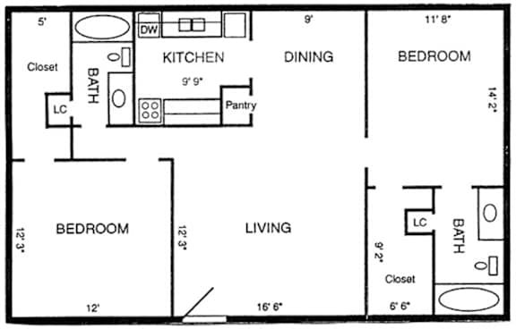 A black and white image of a floor plan for a small apartment.