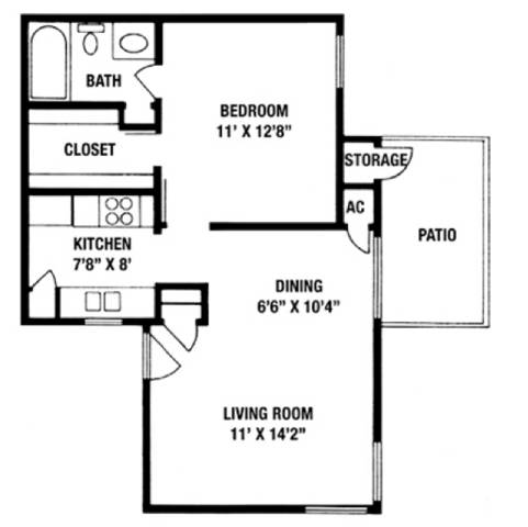A floor plan of a small apartment with a living room, bedroom, kitchen, and bathroom.