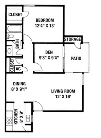 A floor plan of a small apartment with a living room, kitchen, den, and bath.