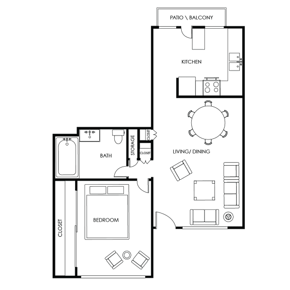 A floor plan of a house with a patio, balcony, kitchen, living/dining area, bath, and bedroom.