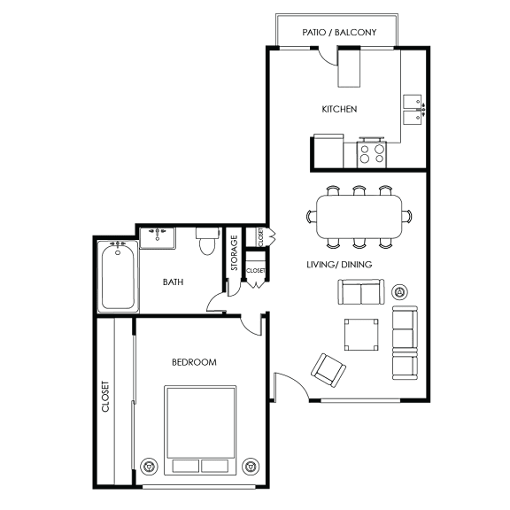 A floor plan of an apartment with a kitchen, living room, dining room, and bathroom.