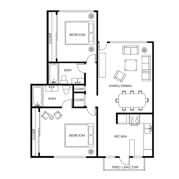 A floor plan of a house with two bedrooms, a living room, a kitchen, two bathrooms, and a patio.